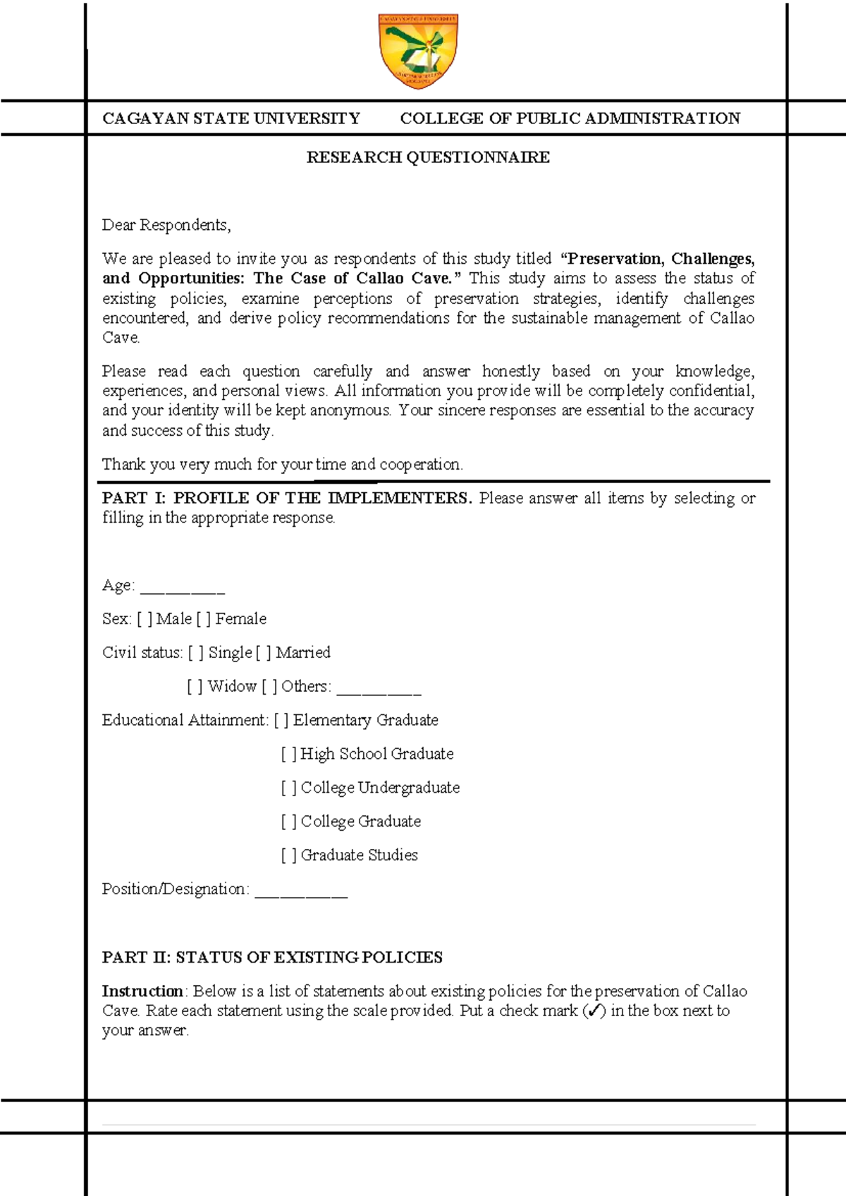 CAGAYAN STATE UNIVERSITY COLLEGE OF PUBLIC ADMINISTRATION Research ...
