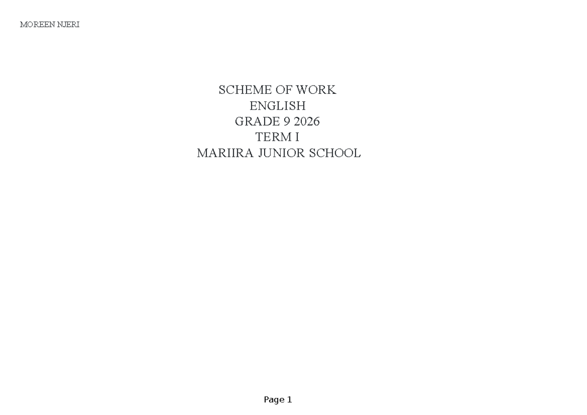 English Grade 9 Term I Scheme of Work - 2026 at Mariira Junior School ...