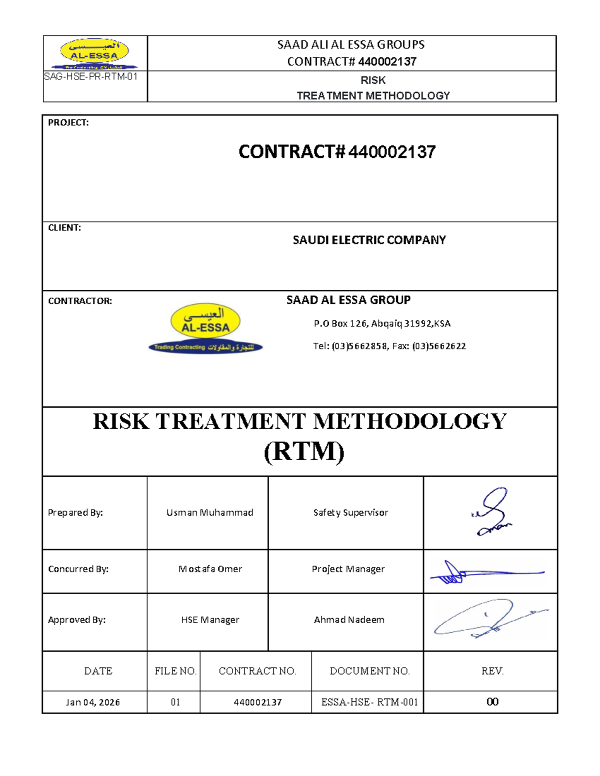 SAAD ALI AL ESSA GROUP HSE Risk Treatment Methodology Project - Studocu