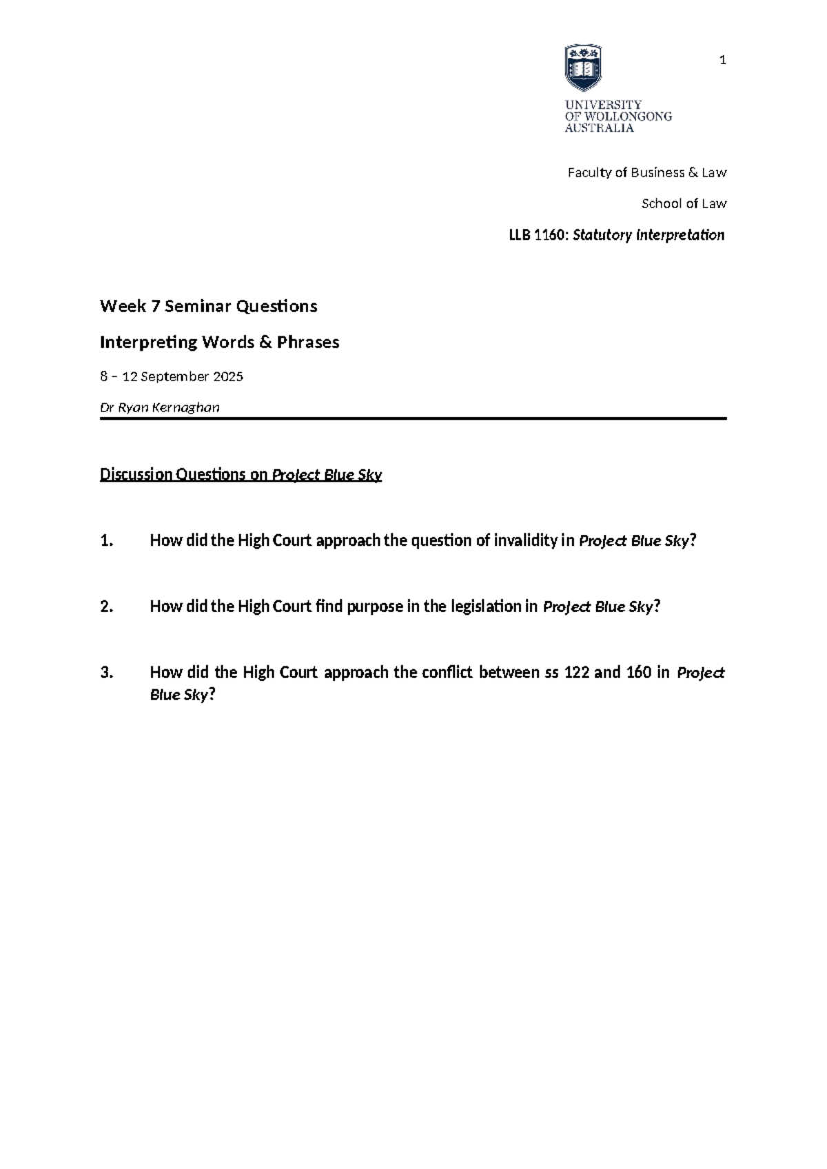 LLB 1160: Week 7 Seminar Questions on Statutory Interpretation - Studocu