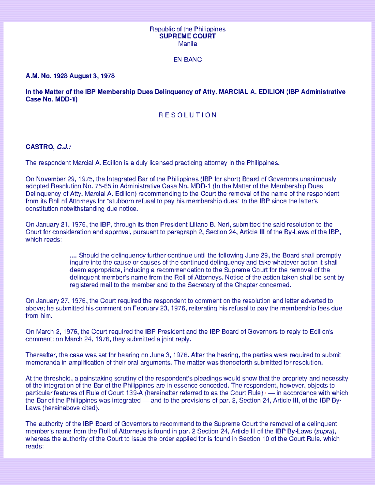 In re Atty. Marcial A. Edillon: Supreme Court Resolution A.M. No. 1928 ...