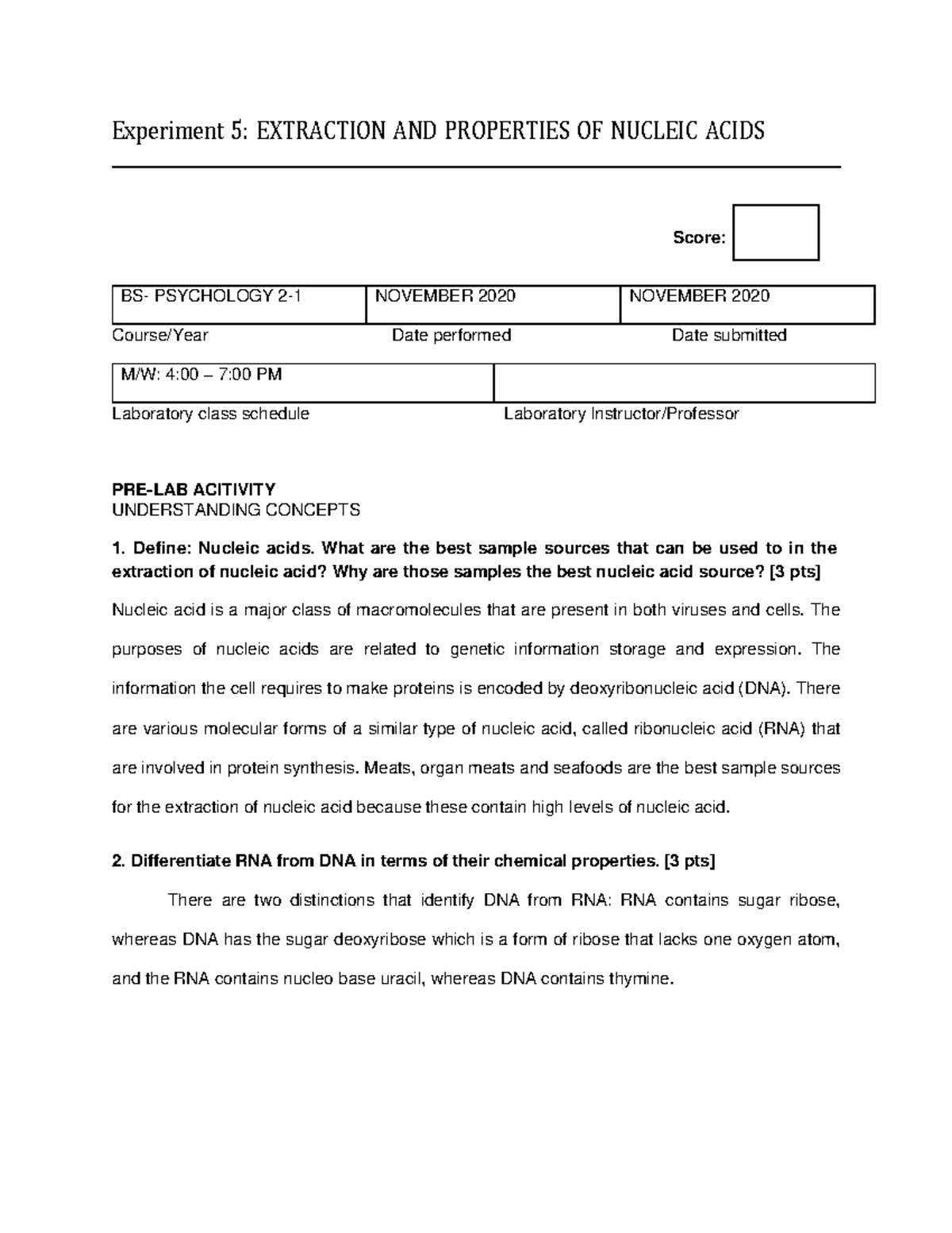 BS-PSYCHOLOGY 2-1 Nucleic Acid Extraction Pre-Lab Activity - Studocu