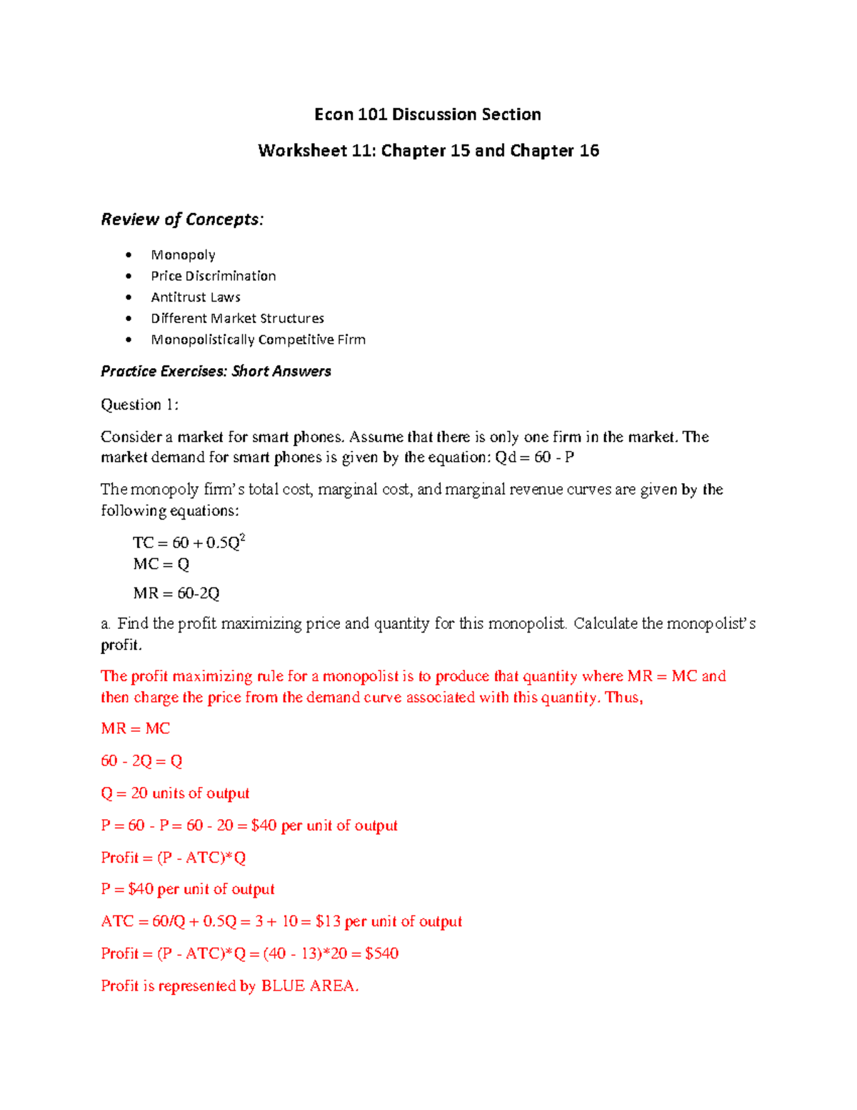 Econ 101 Discussion Worksheet Ch15 and Ch16 with answers - Econ 101 ...