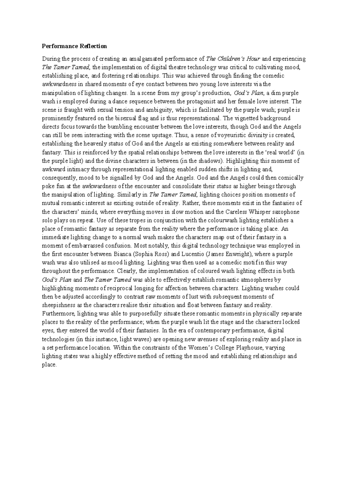 Performance Reflection: Digital Theatre & Lighting in DRAM1100 - Studocu