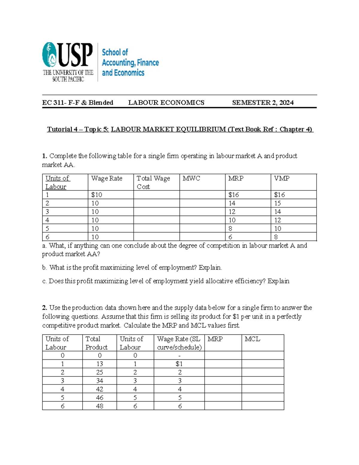 EC 311 F-F Blended Tutorial 4: Labour Market Equilibrium Analysis - Studocu