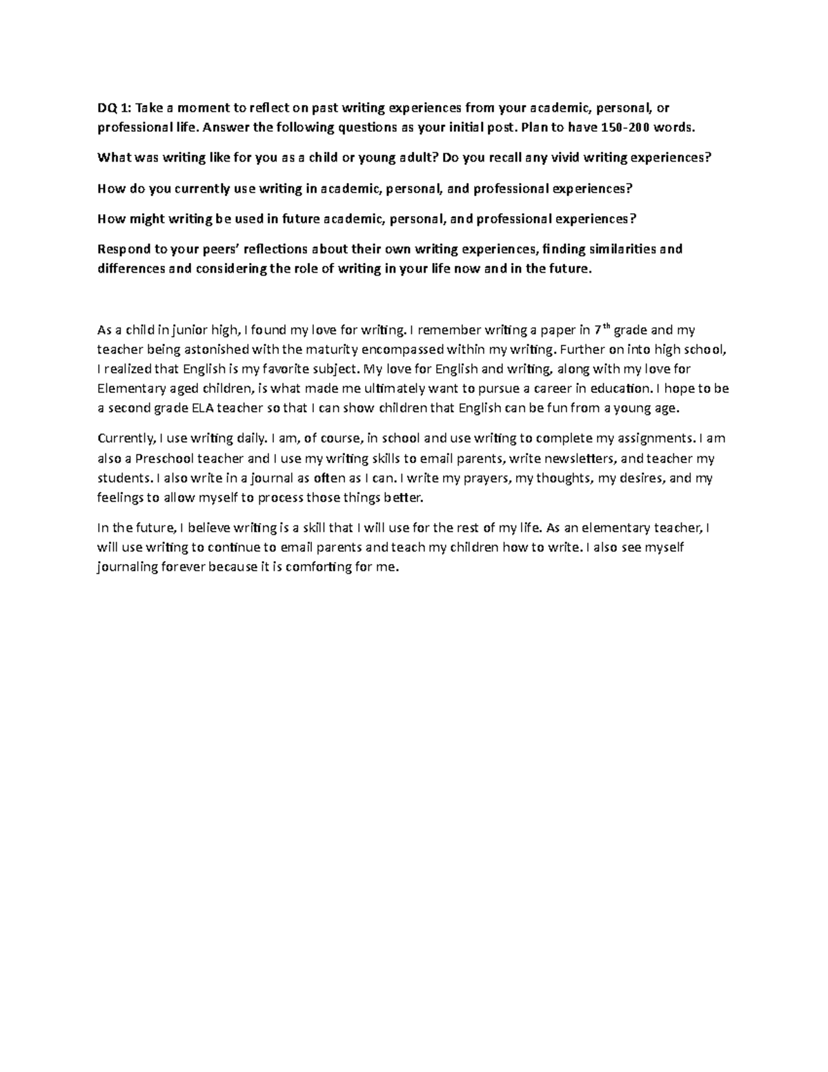 ENG105 T1 DQ - Take a moment to reflect on past writing experiences ...
