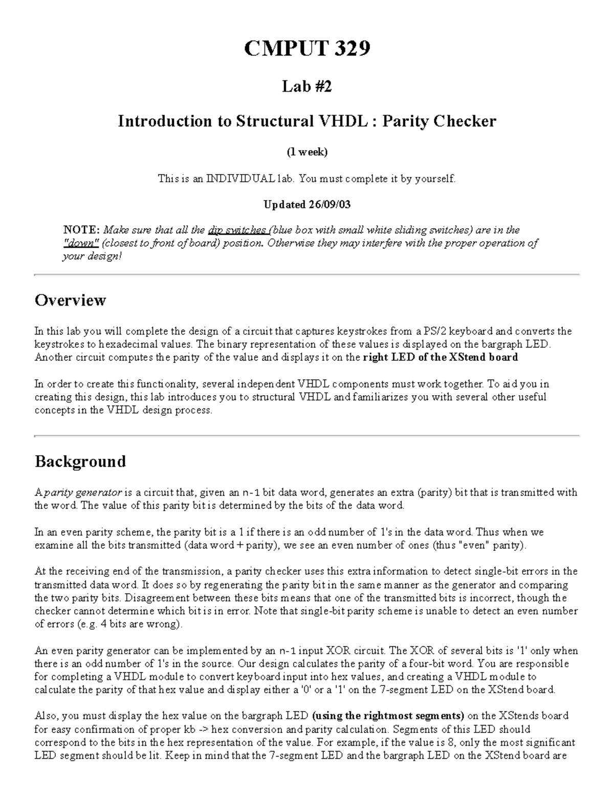 CMPUT 329 Lab: Structural VHDL Parity Checker Overview - Studocu