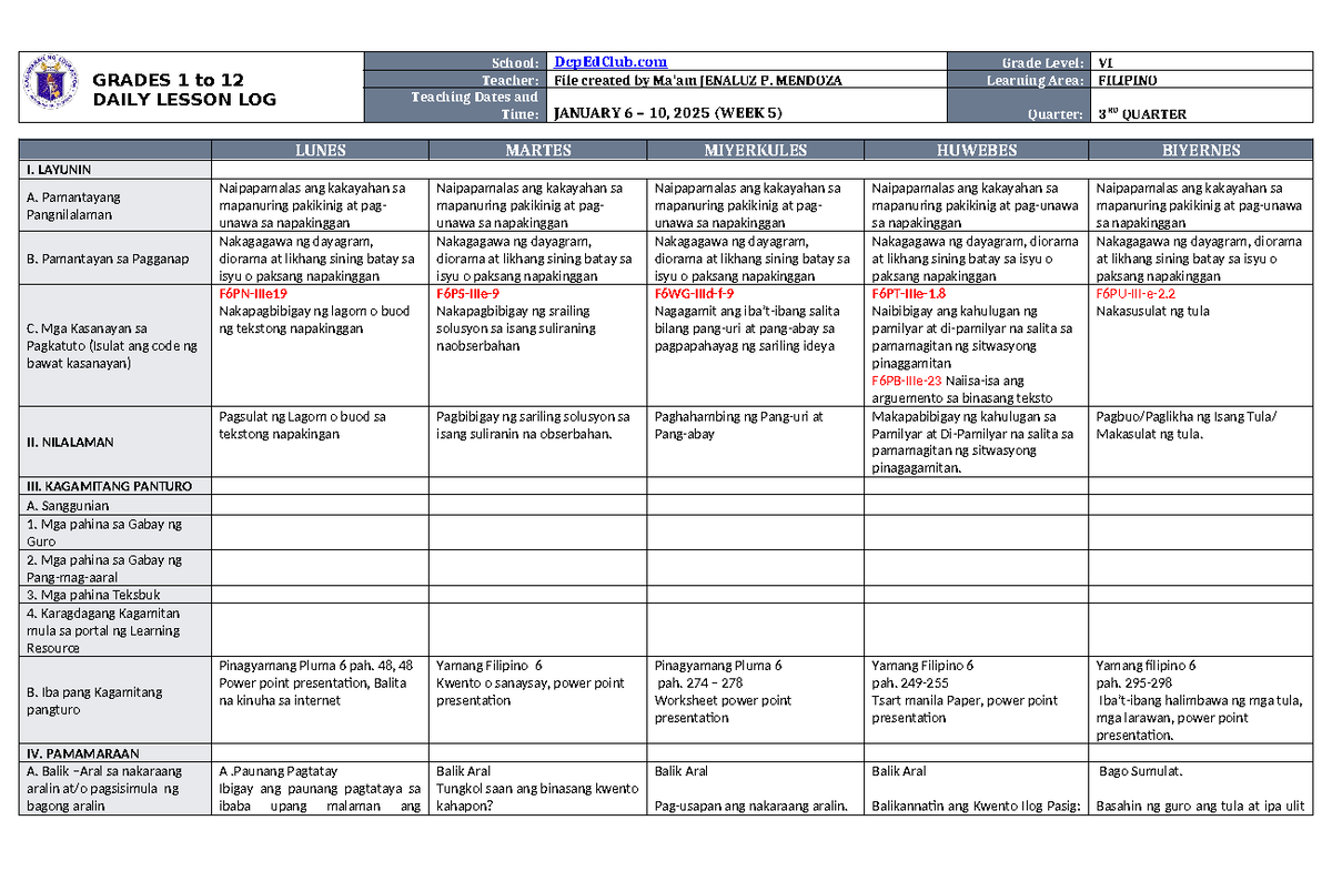 DLL Filipino 6 - Daily Lesson Log for Week 5 Q3 (Jan 6-10, 2025) - Studocu