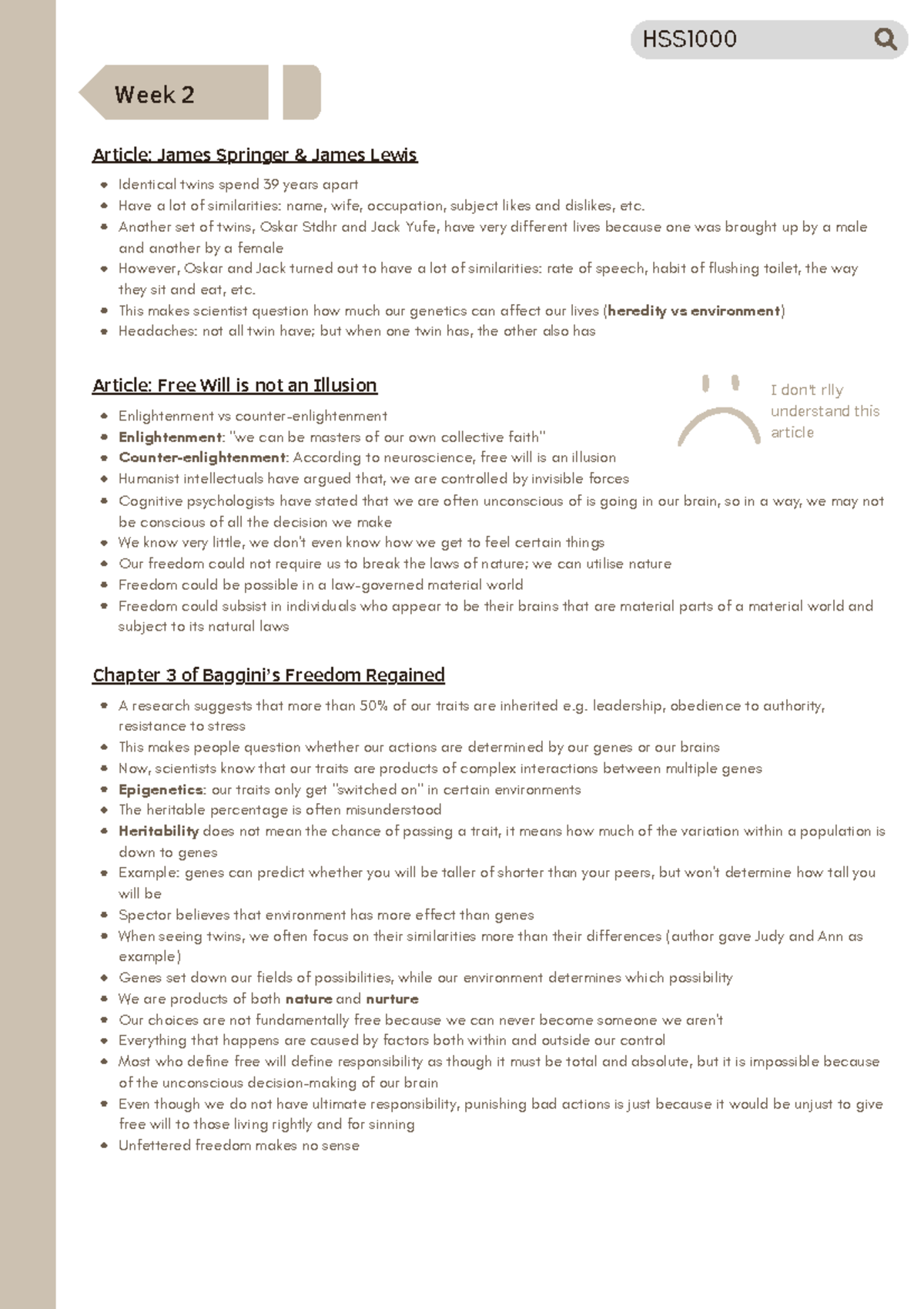 HSS1000 - Week 2 Lecture notes+ Reading summaries - HSS Week 2 Article ...