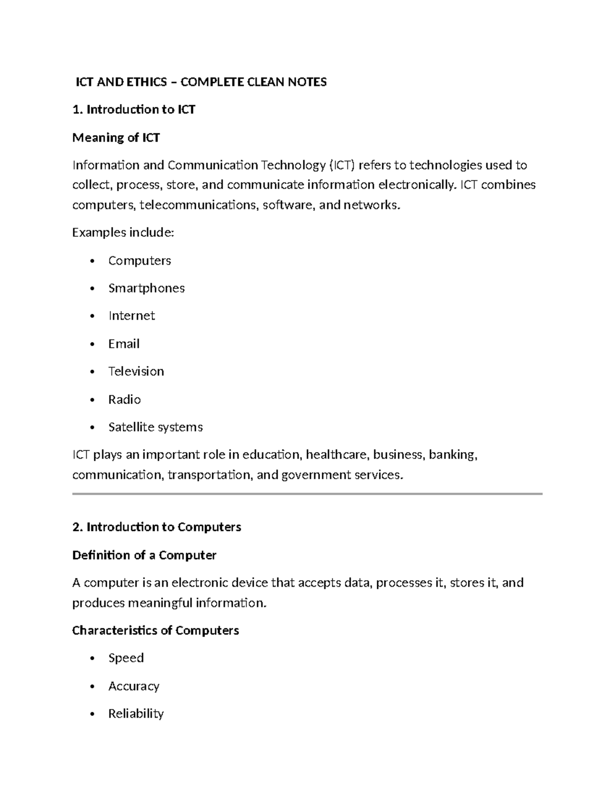 ICT 101: Comprehensive Notes on ICT and Ethics - Studocu