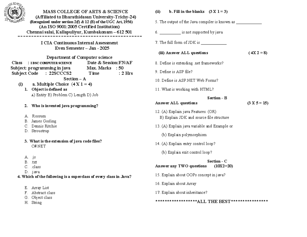 JAVA I CS - Continuous Internal Assessment Question Bank - Studocu
