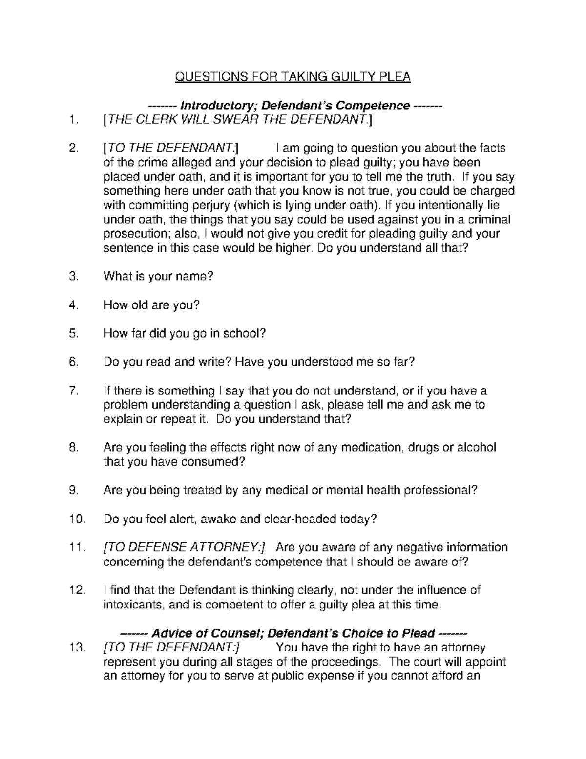 Clelandrule 11colloquy - QUESTIONS FOR TAKING GUILTY PLEA ...