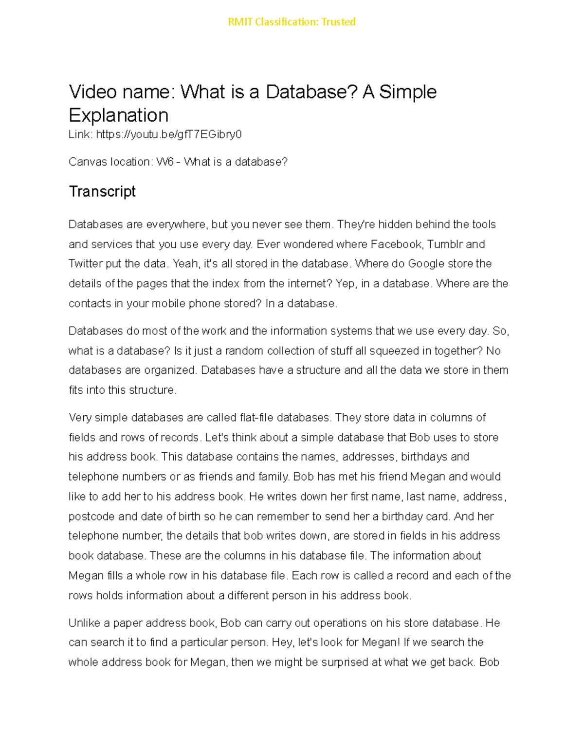 W6 - What is a database - a simple explanation Transcript - Video name ...