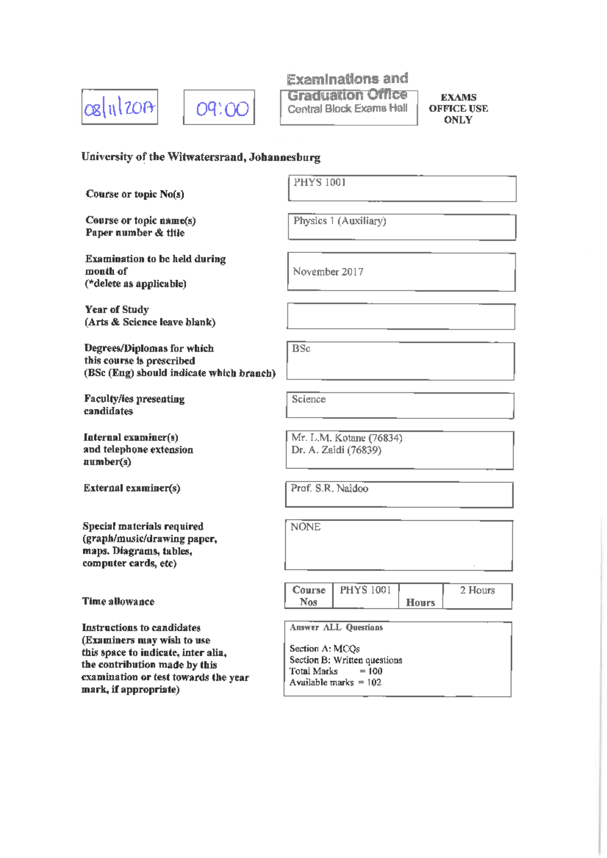 PHYS1001 Nov 2017 - Past Paper for November 2017 Auxiliary Physics ...
