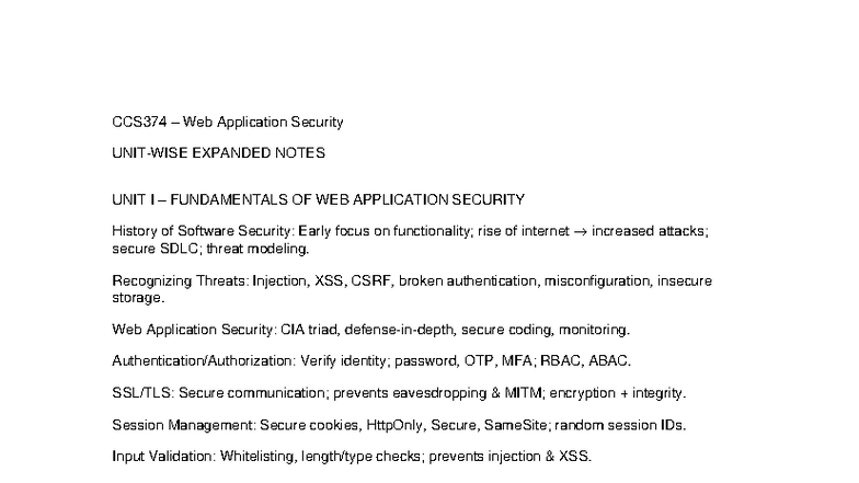CCS374 Web Application Security: Unit Wise Expanded Notes - Studocu