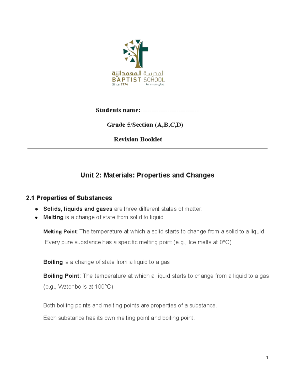 Grade 5 Science Revision: Unit 2 - Materials & Changes - Studocu