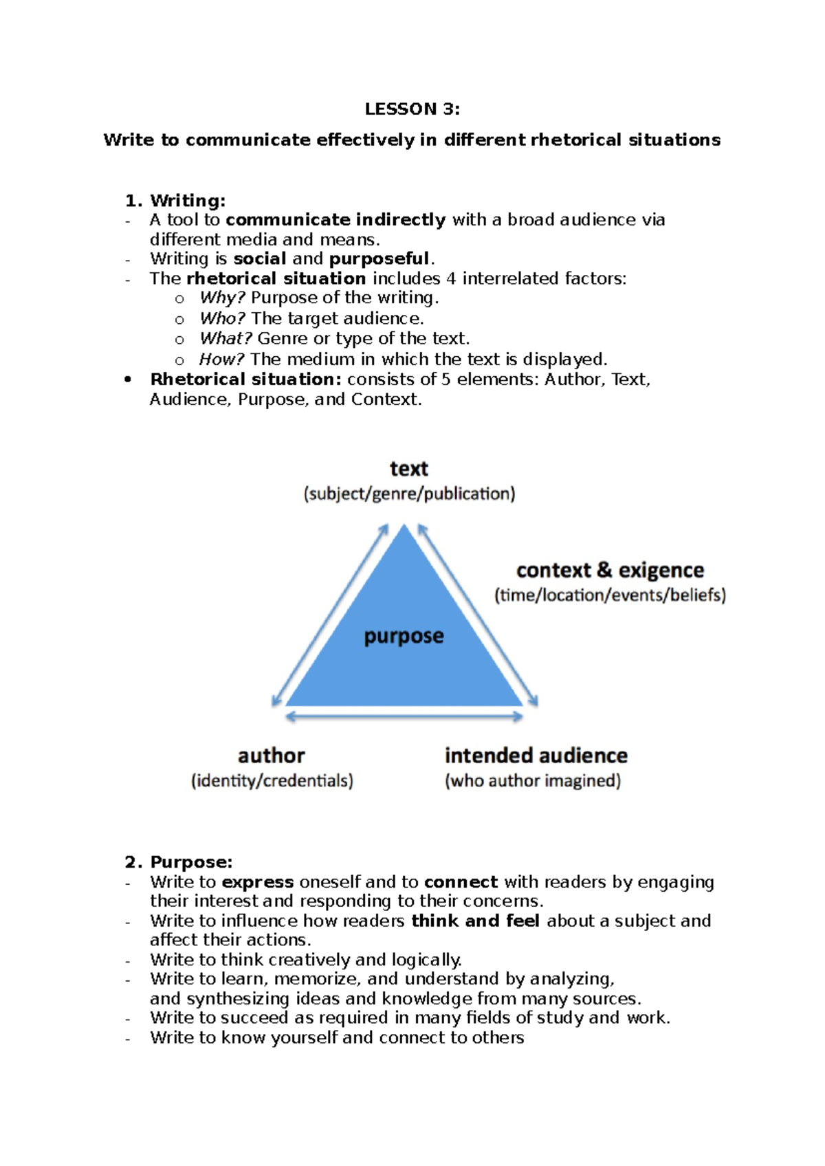 Lesson 3 - Understanding Rhetorical Situation in Writing - Studocu