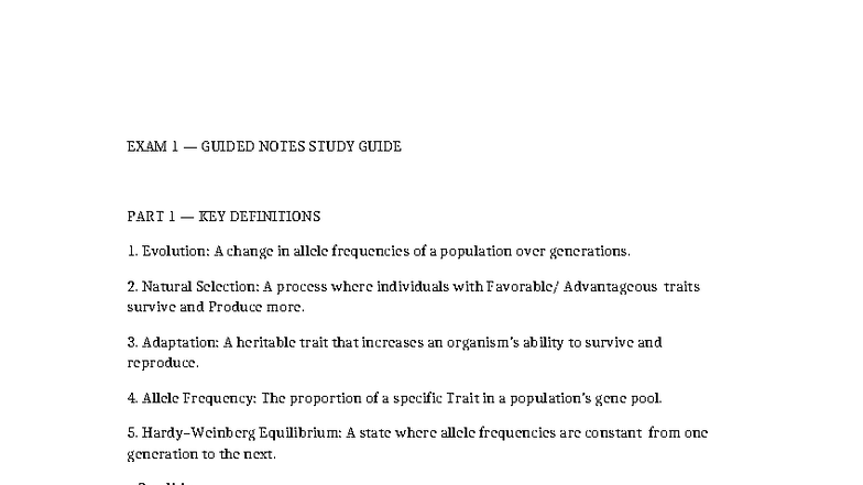 BIO 101 Exam 1 Guided Notes: Key Definitions & Practice - Studocu