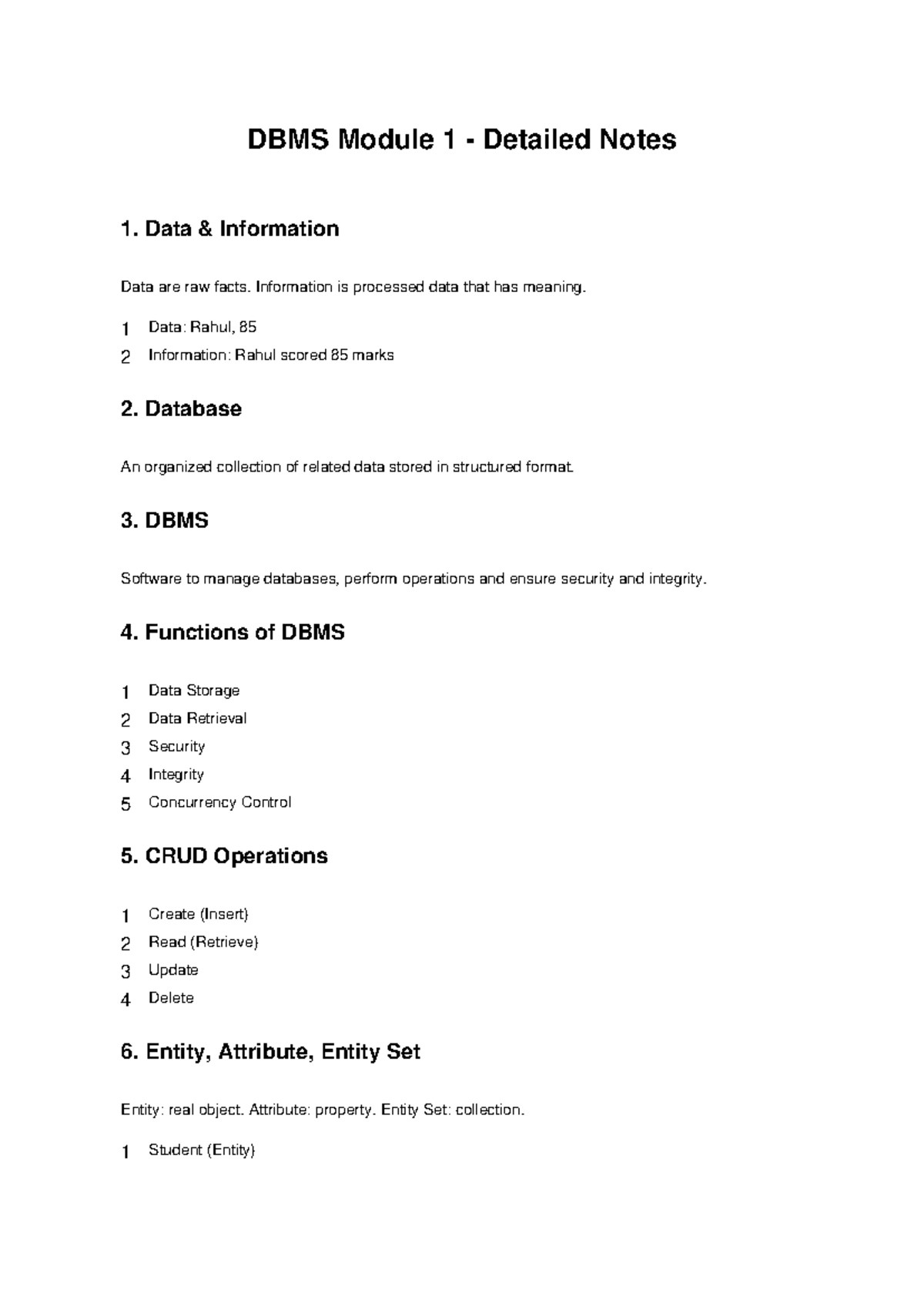 DBMS Module 1: Comprehensive Notes on Data Management Concepts - Studocu