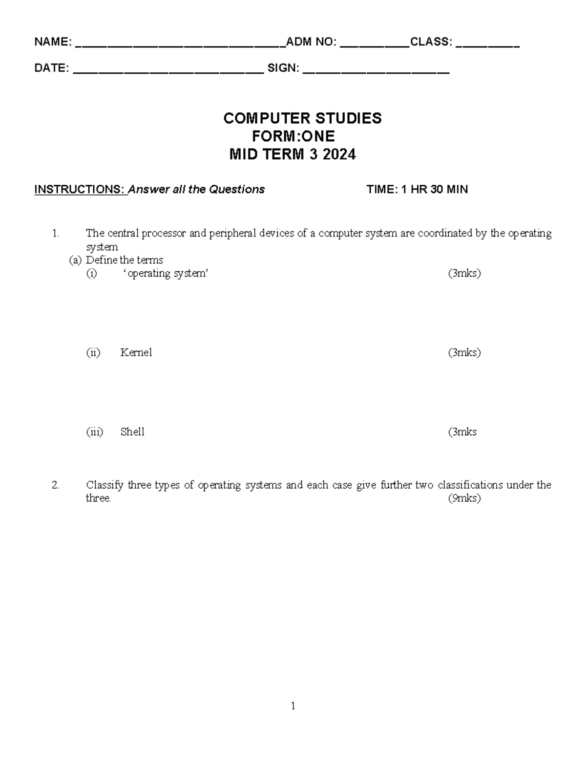 Computer Studies F1 Midterm Exam Questions 2024 - Studocu