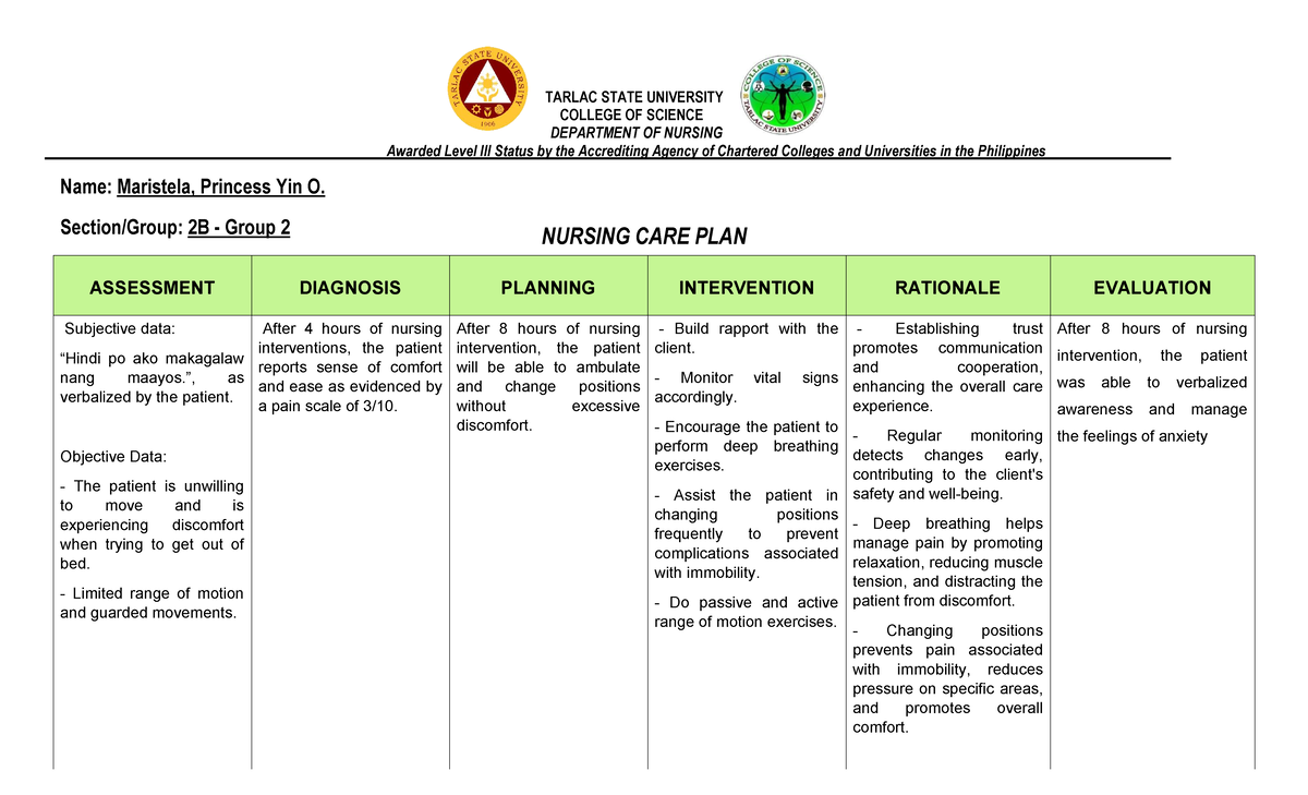 Nursing Care Plan for Patient Mobility & Comfort - NUR 2B Group 2 - Studocu