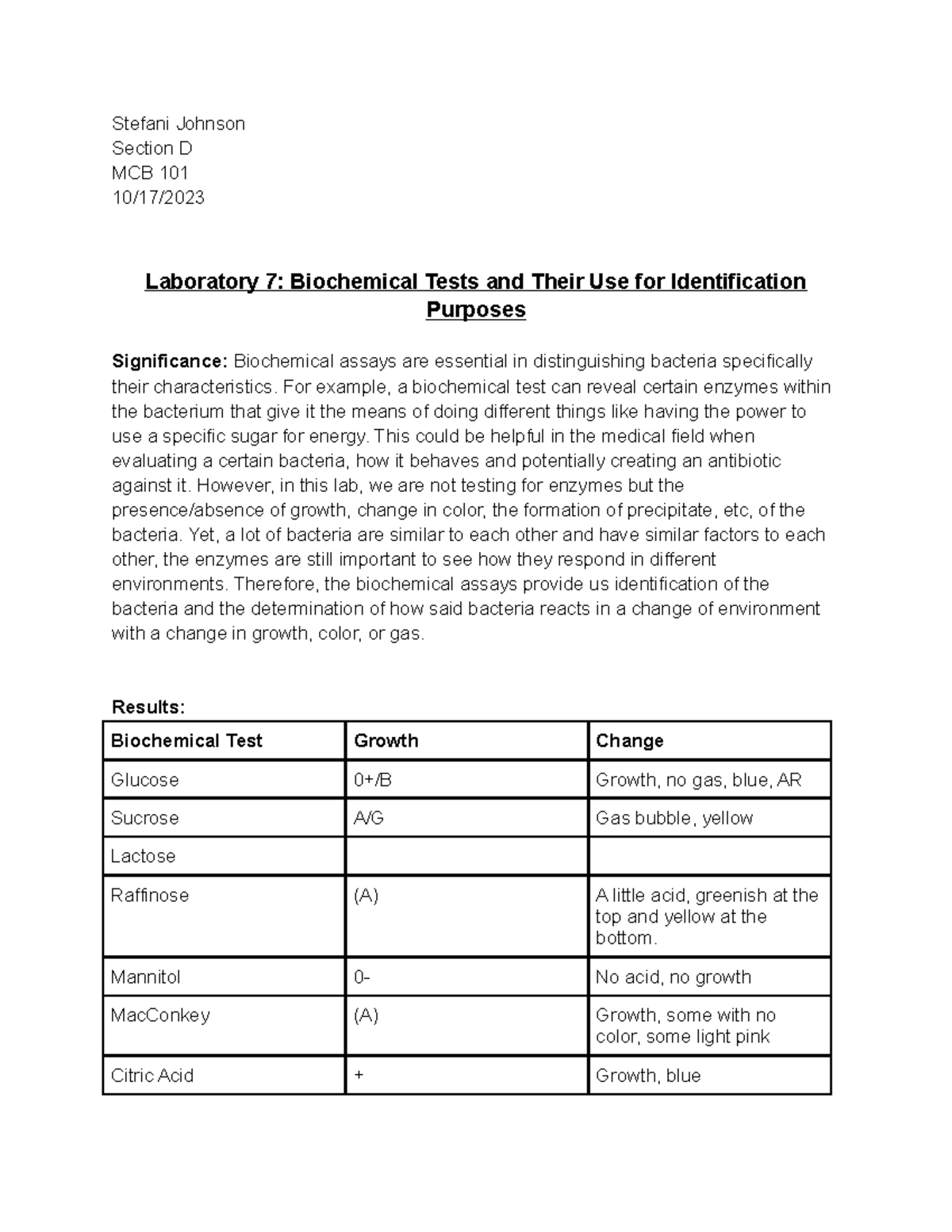 Laboratory Lab 7 Report Submission - Stefani Johnson Section D MCB 101 ...
