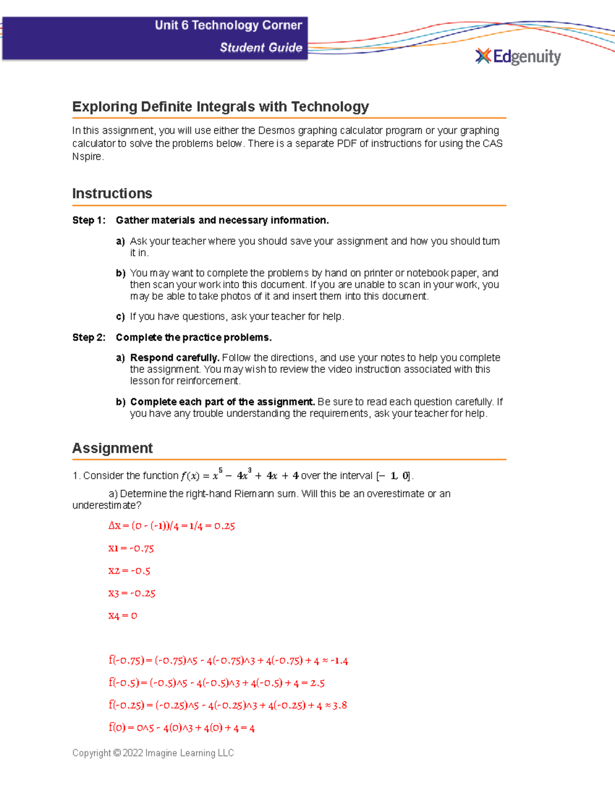 Unit 6: Student Guide on Exploring Definite Integrals with Tech - Studocu