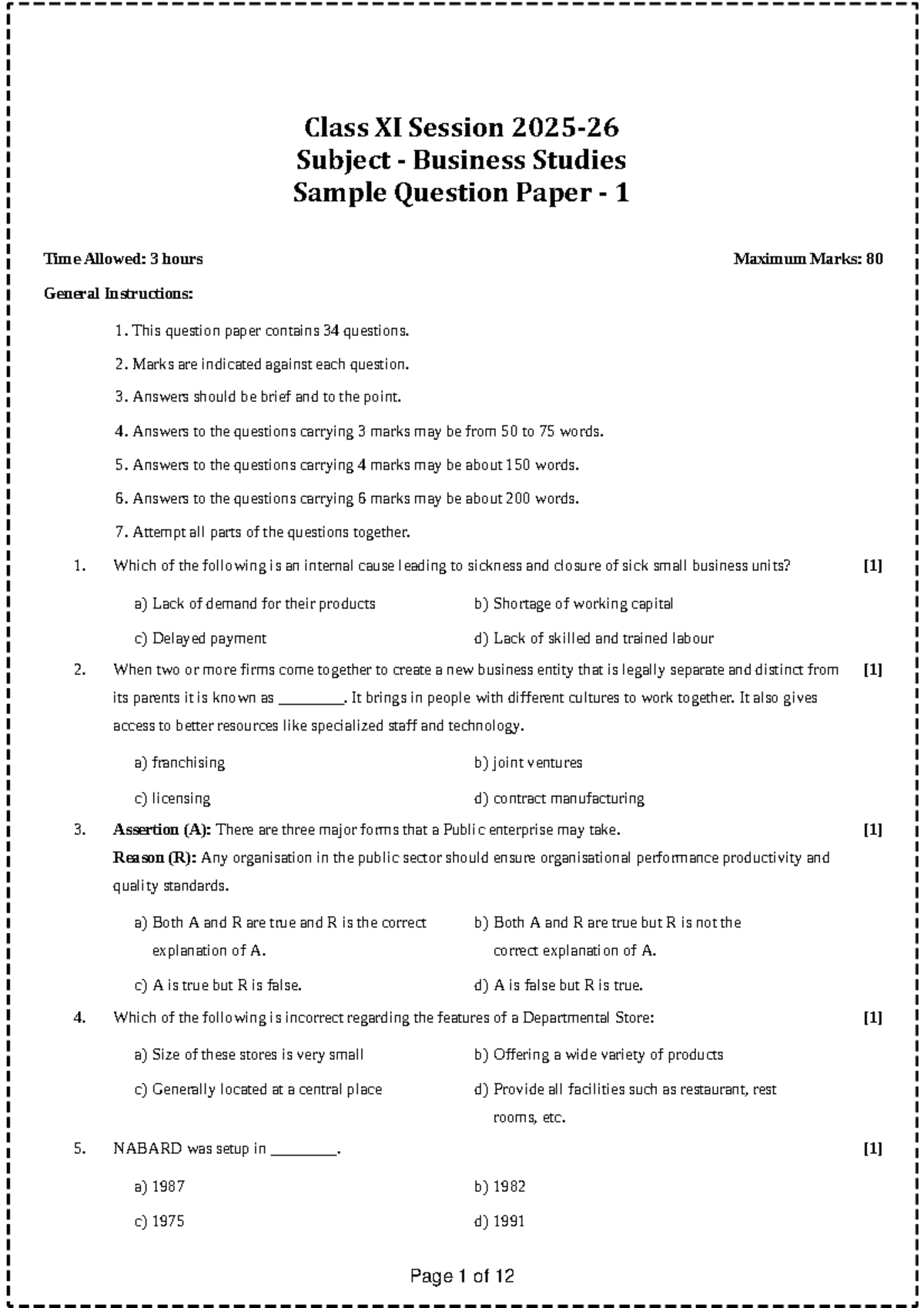 Class XI Business Studies Sample Question Paper 1 (Max Marks: 80) - Studocu