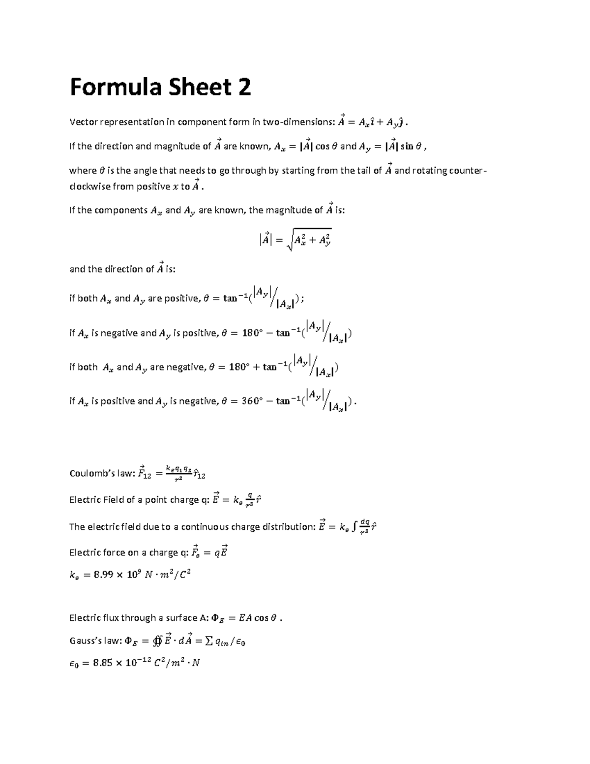 Formula Sheet 2: Vector Representation and Electric Fields - Studocu