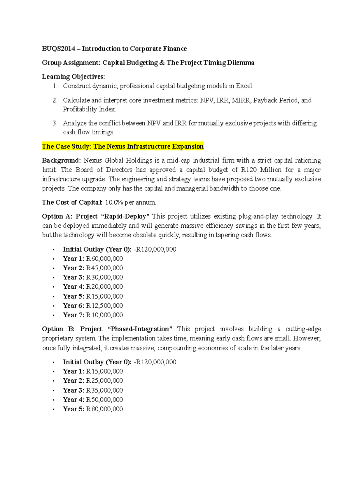 BUQS2014 Group Assignment: Capital Budgeting Case Study Analysis - Studocu
