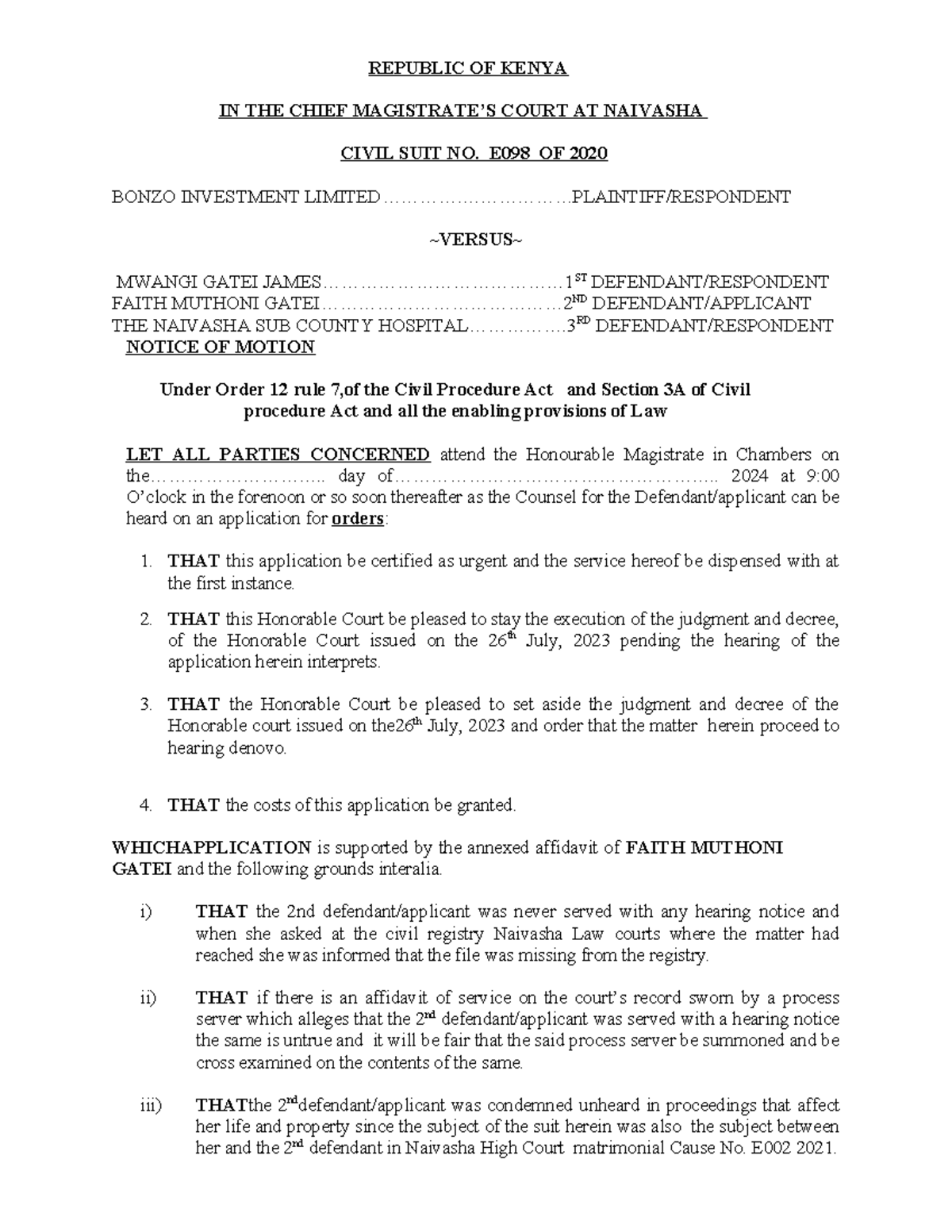 Civil Suit No. E098 of 2020: Application to Set Aside Judgment - Studocu