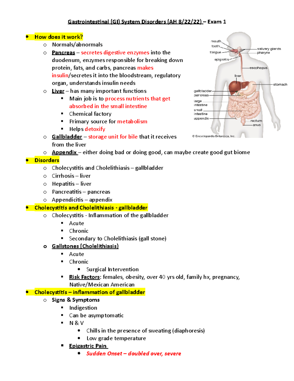 GI System Disorders: Exam 1 Study Notes (AH 8/22/22) - Studocu