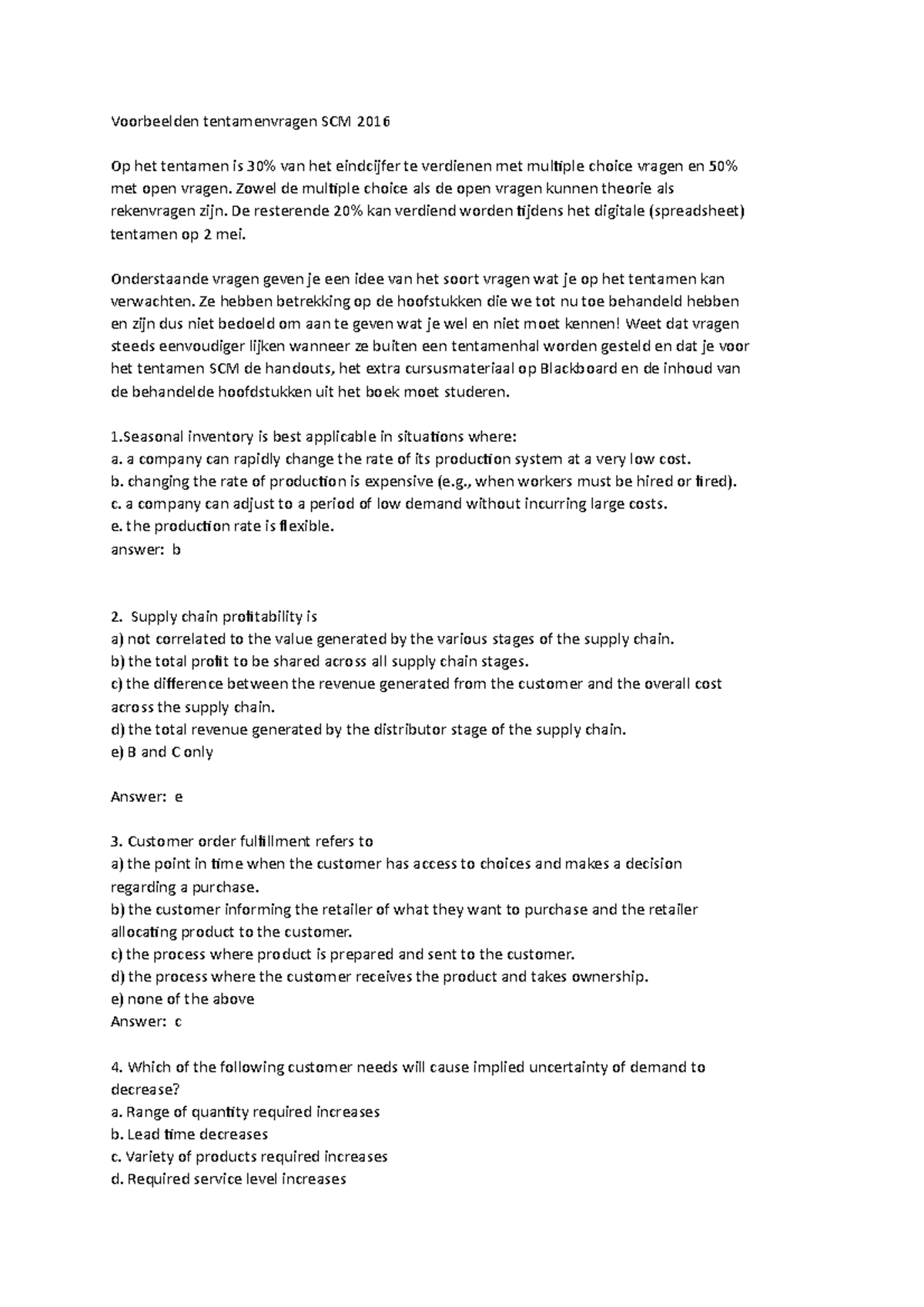 SCM 2016 Proef / Oefen Tentamen 1: Vragen en Antwoorden - Studeersnel