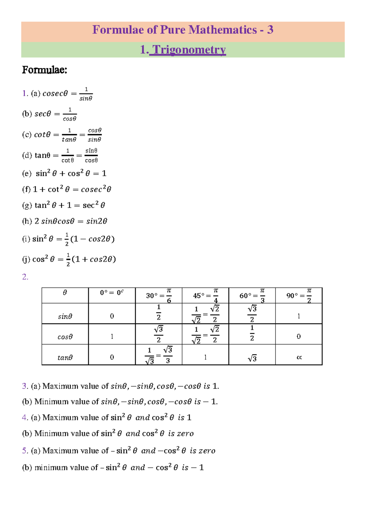 P3 Final Exam Formulae for Pure Mathematics 3: Trigonometry & More ...