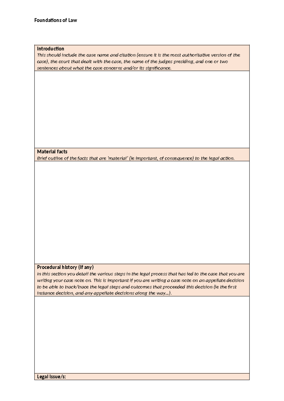 Foundations of Law: Case Note Template and Structure Guide - Studocu