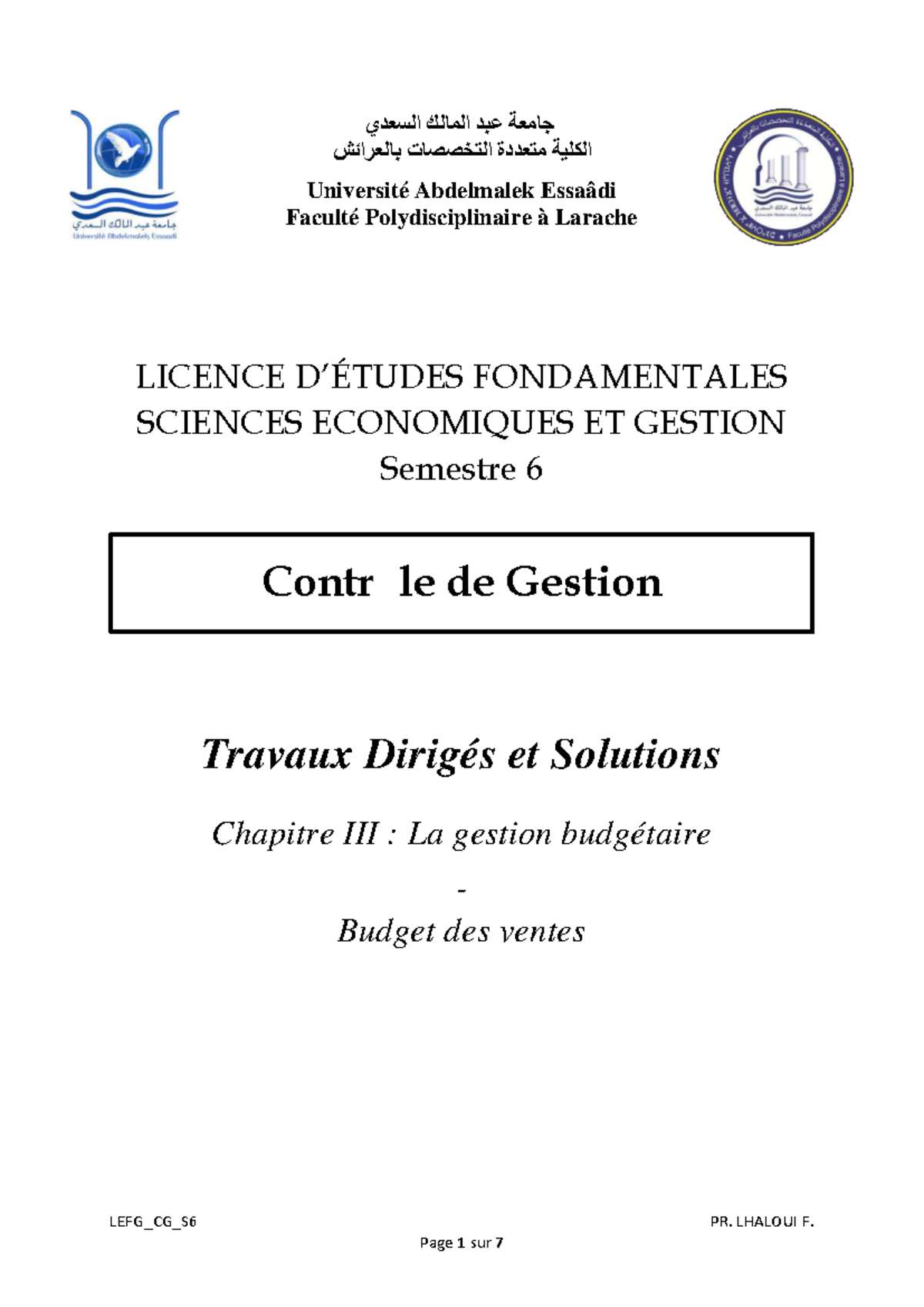 TD Budget des Ventes S6 - Enoncé et Solutions LEFG_CG_S6 - Studocu