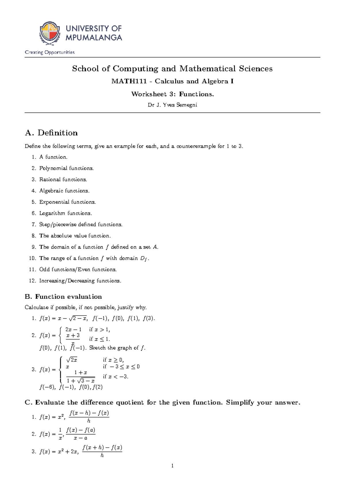 MATH111 Worksheet 3: Functions and Their Evaluations - Studocu