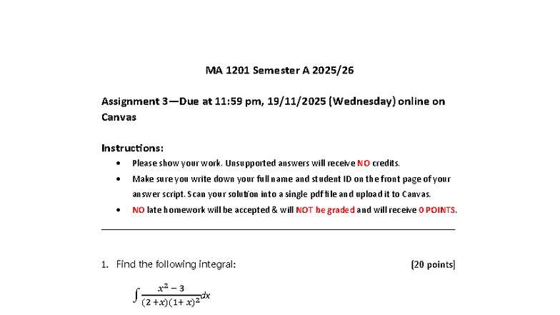 MA 1201 Semester A Assignment: Integral and Area Calculations - Studocu