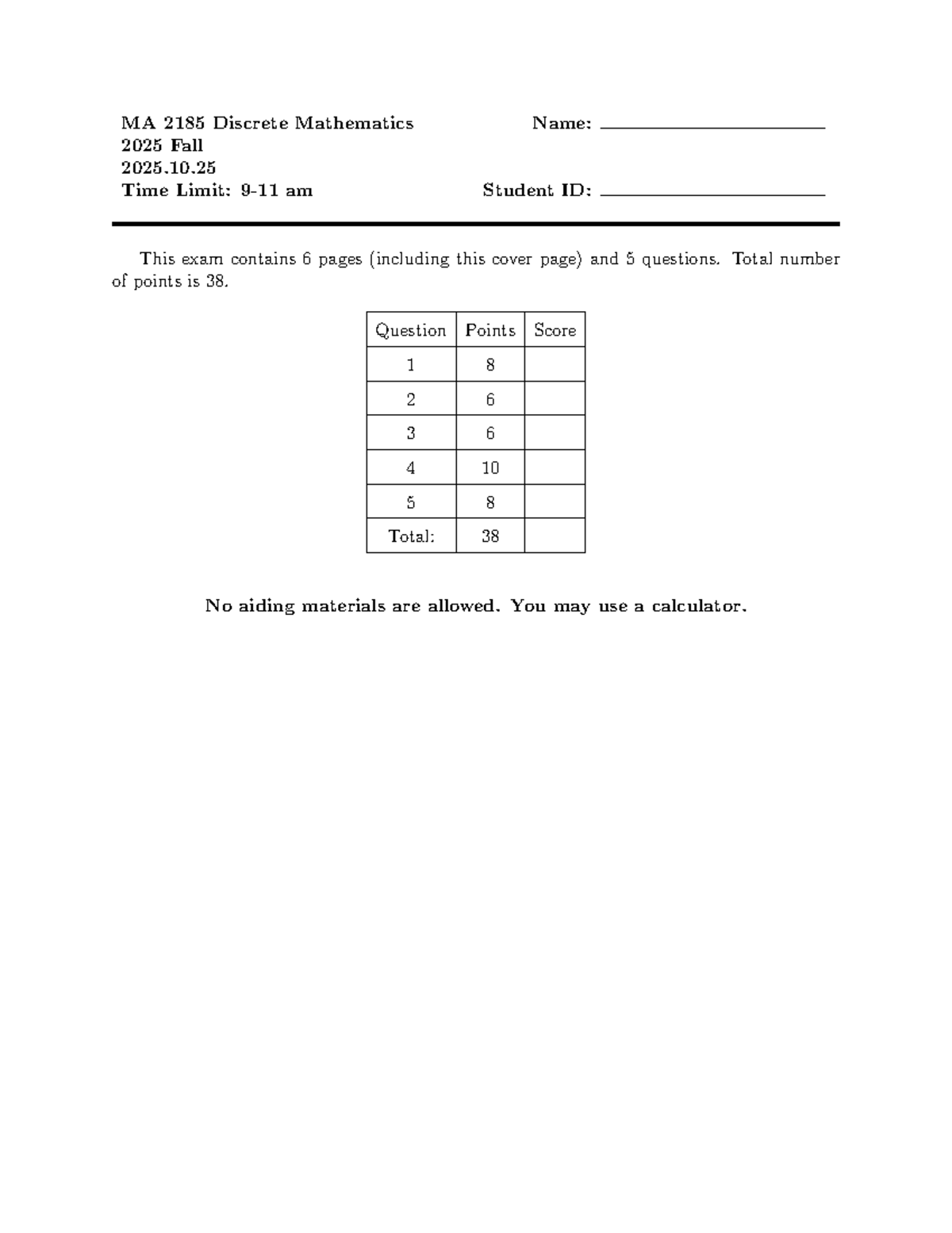MA 2185 Discrete Mathematics 2025 Fall Midterm Exam - Studocu