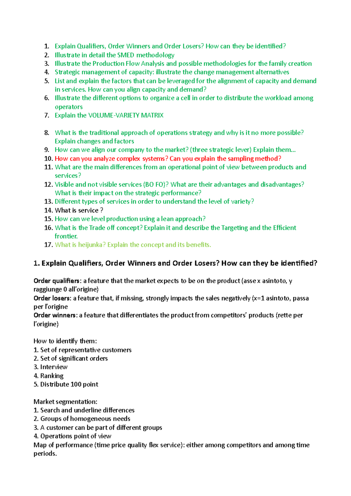 Teoria Operations - domande esame - Explain Qualiiers, Order Winners ...