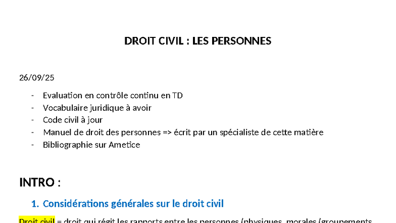 CM D Civil S1 : Prise de Notes sur le Droit des Personnes - Studocu