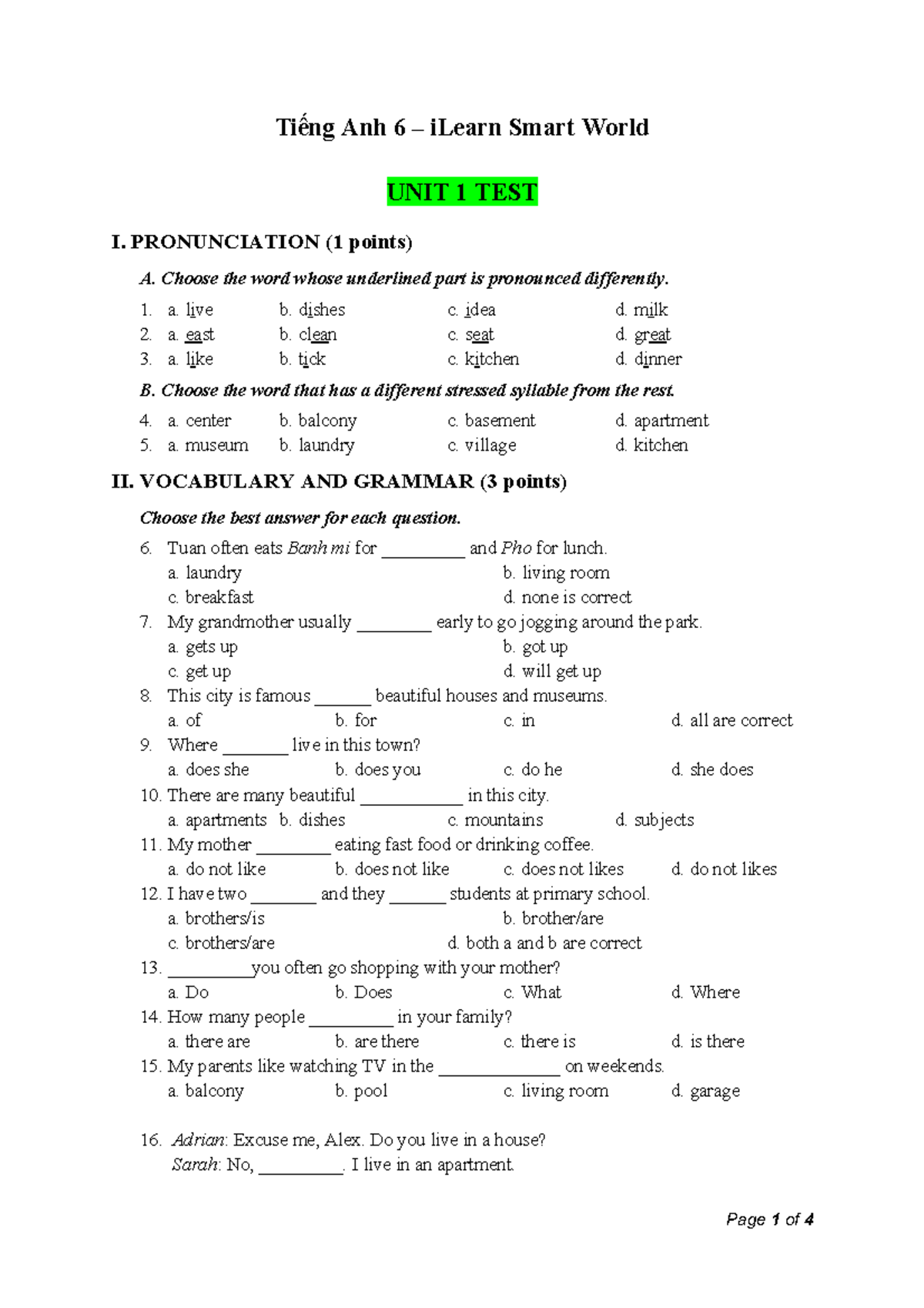 English 6 - zxcadwq - Tiếng Anh 6 – iLearn Smart World UNIT 1 TEST I ...