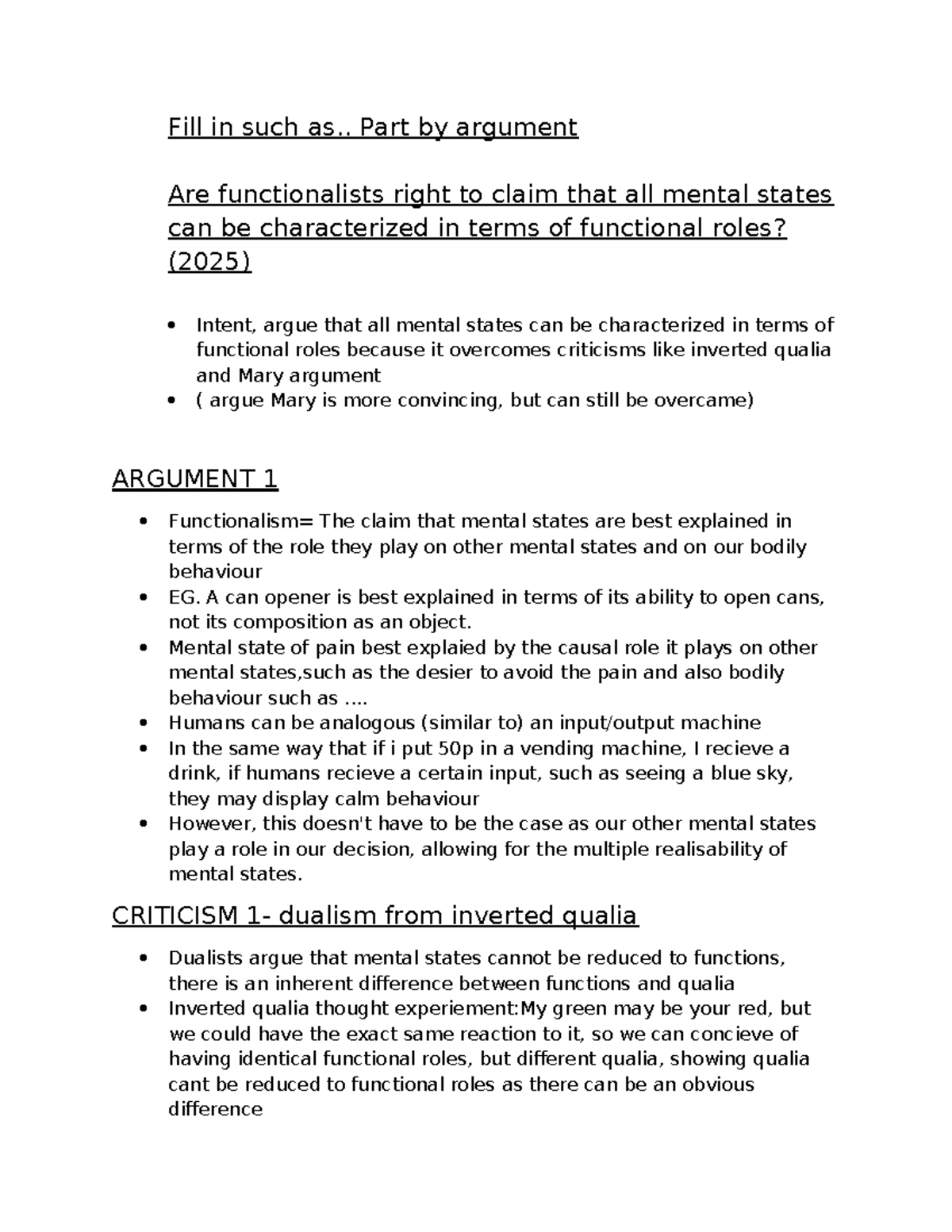 PHIL 2025 Essay: Functionalism and Mental States Argument Analysis ...