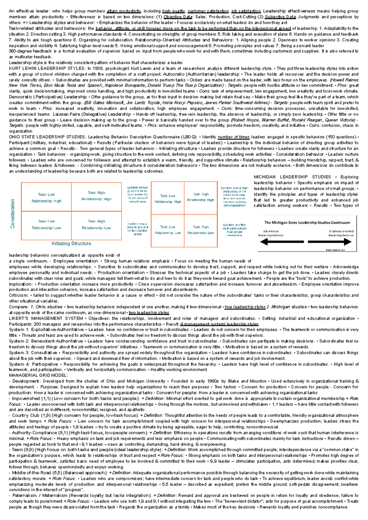 Chapter 4 & 5: Leadership Theories and Styles Overview - Studocu