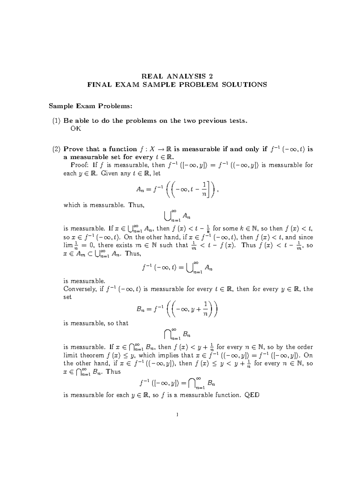 REAL Analysis 2 Final Exam Sample Problems and Solutions Summary - Studocu