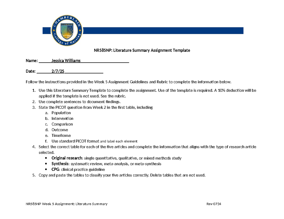 NR585NP Week 5 Literature Summary Assignment Template - Studocu