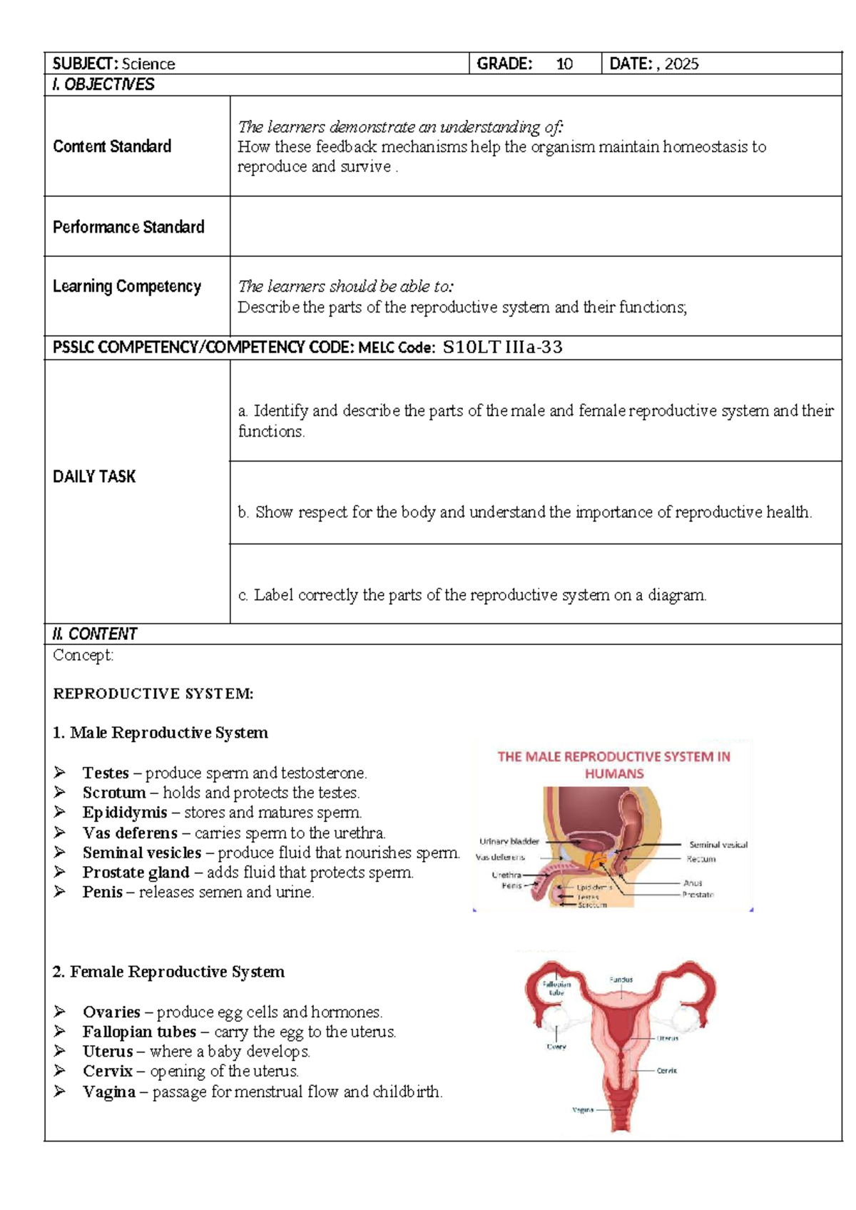 Reproductive System Overview: Grade 10 Science I DLP - Studocu
