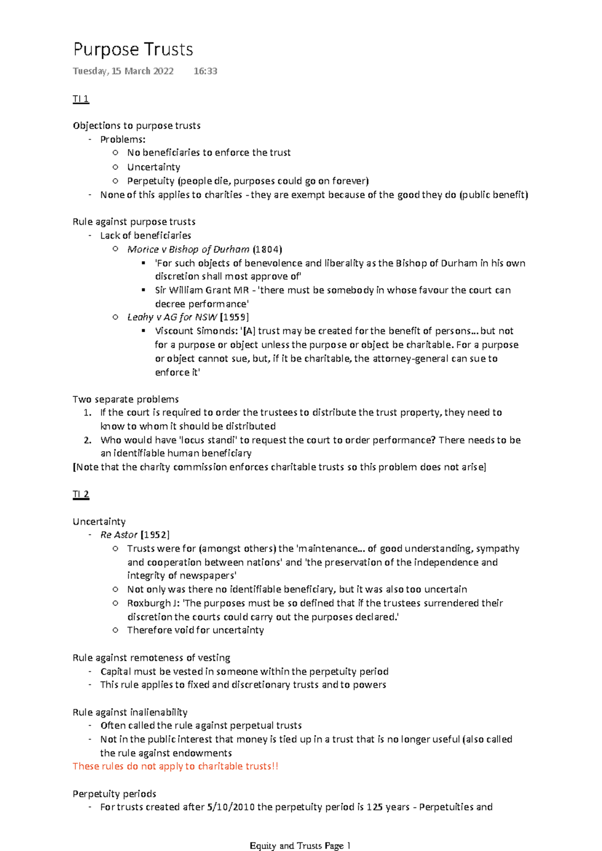 Purpose Trusts - Equity and Trusts - TI 1 Objections to purpose trusts ...