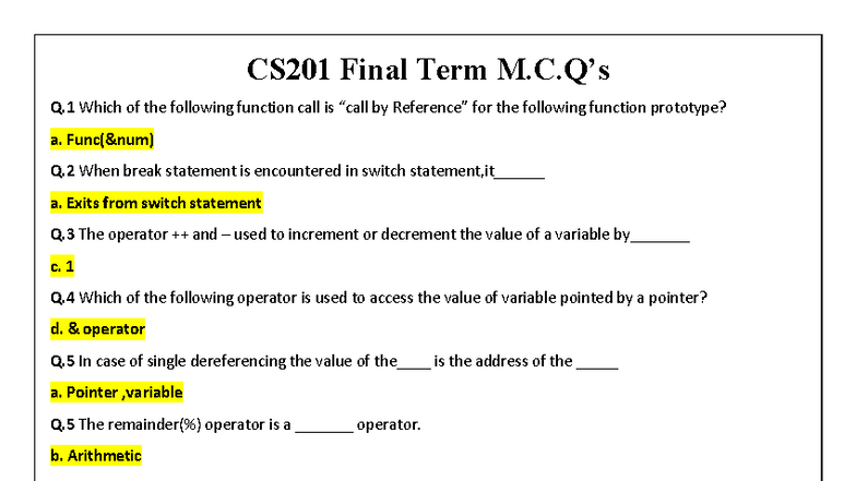 CS201 Final Term MCQ's Review and Solutions - Studocu