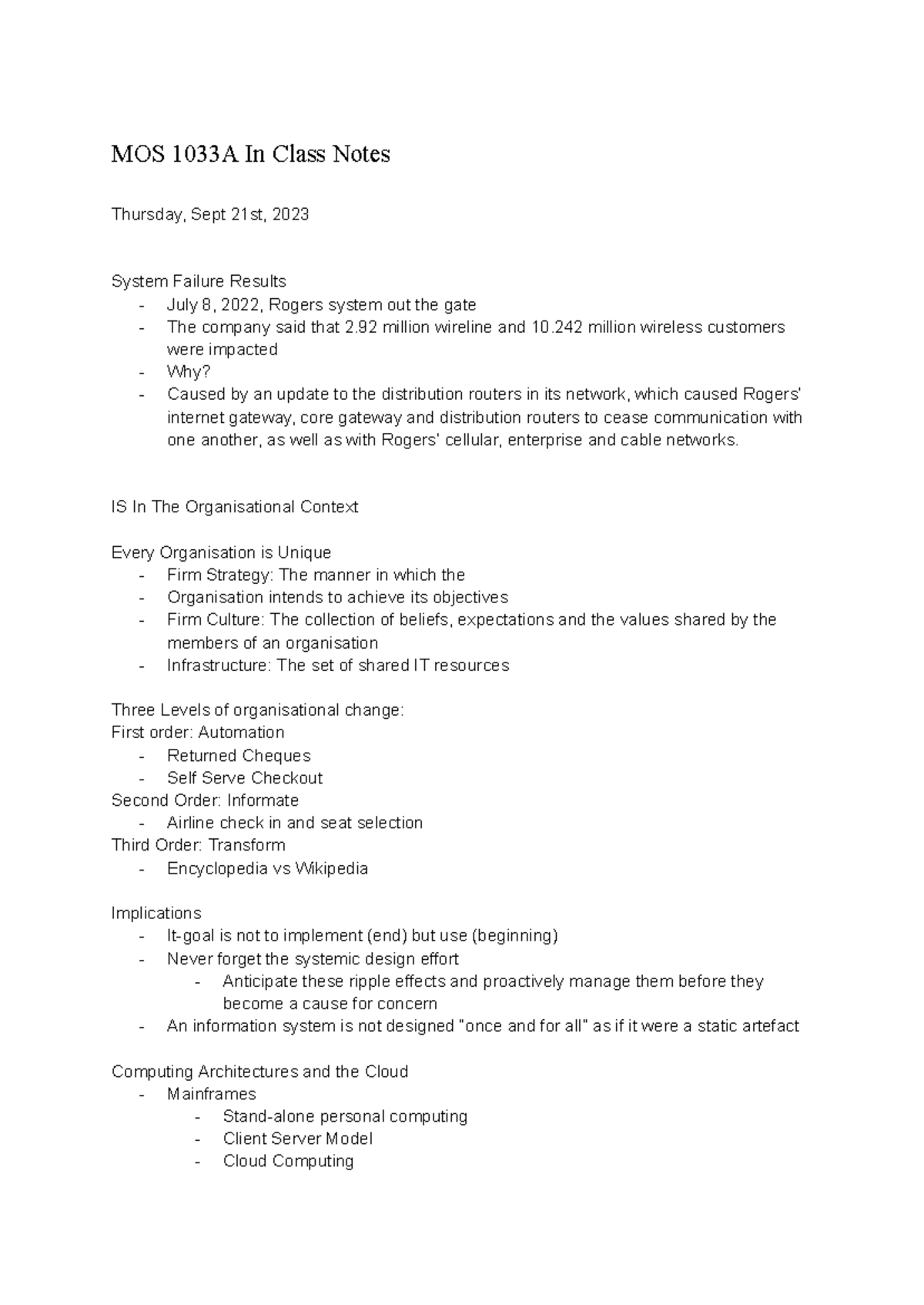MOS Notes - MOS 1033A In Class Notes Thursday, Sept 21st, 2023 System ...